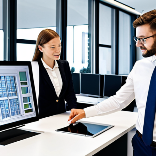 A diverse group of professional architects and engineers are fully clothed in professional business attire, modest clothing, collaborating around a large digital screen displaying a complex 3D BIM (Building Information Modeling) model of a modern building. One architect points at the screen, while another reviews notes on a tablet. The setting is a bright, state-of-the-art architectural office with large windows, natural light, and modern minimalist furniture, with additional computer workstations in the background. This image is generated using professional photography, high resolution, realistic, perfect anatomy, correct proportions, natural pose, well-formed hands, proper finger count, natural body proportions, safe for work, appropriate content, fully clothed, professional dress, family-friendly.