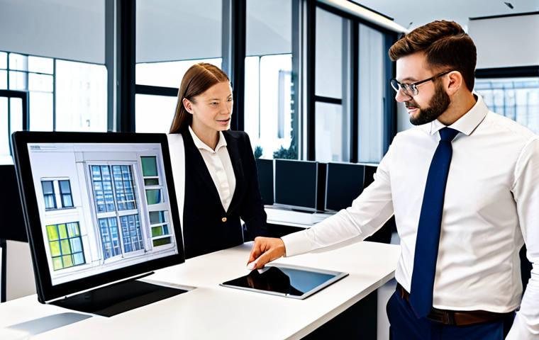 A diverse group of professional architects and engineers are fully clothed in professional business attire, modest clothing, collaborating around a large digital screen displaying a complex 3D BIM (Building Information Modeling) model of a modern building. One architect points at the screen, while another reviews notes on a tablet. The setting is a bright, state-of-the-art architectural office with large windows, natural light, and modern minimalist furniture, with additional computer workstations in the background. This image is generated using professional photography, high resolution, realistic, perfect anatomy, correct proportions, natural pose, well-formed hands, proper finger count, natural body proportions, safe for work, appropriate content, fully clothed, professional dress, family-friendly.
