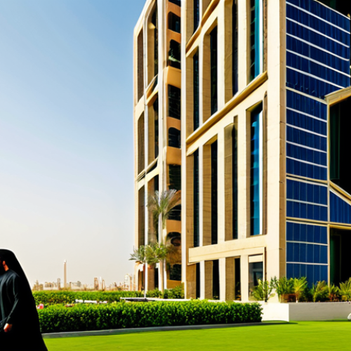 Modern Sustainable Building**

"Exterior shot of a modern, eco-friendly building in Dubai, UAE, showcasing sustainable design principles such as solar panels and vertical gardens, fully clothed people in traditional Arabic attire visible in the foreground, warm sunlight, clear sky, safe for work, appropriate content, fully clothed, professional, perfect anatomy, correct proportions, natural pose, high-resolution, architectural photography"

**