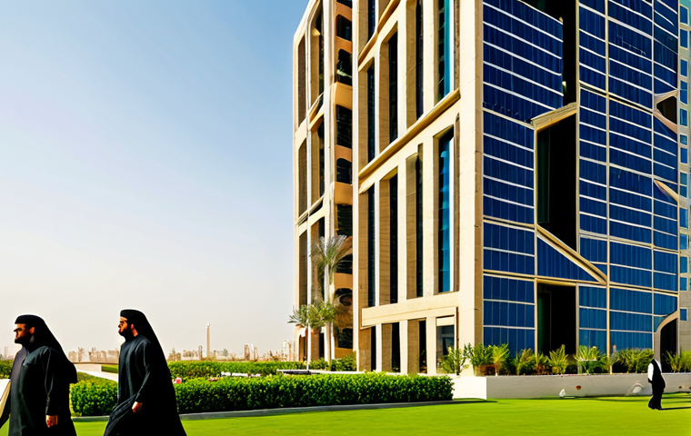 Modern Sustainable Building**

"Exterior shot of a modern, eco-friendly building in Dubai, UAE, showcasing sustainable design principles such as solar panels and vertical gardens, fully clothed people in traditional Arabic attire visible in the foreground, warm sunlight, clear sky, safe for work, appropriate content, fully clothed, professional, perfect anatomy, correct proportions, natural pose, high-resolution, architectural photography"

**