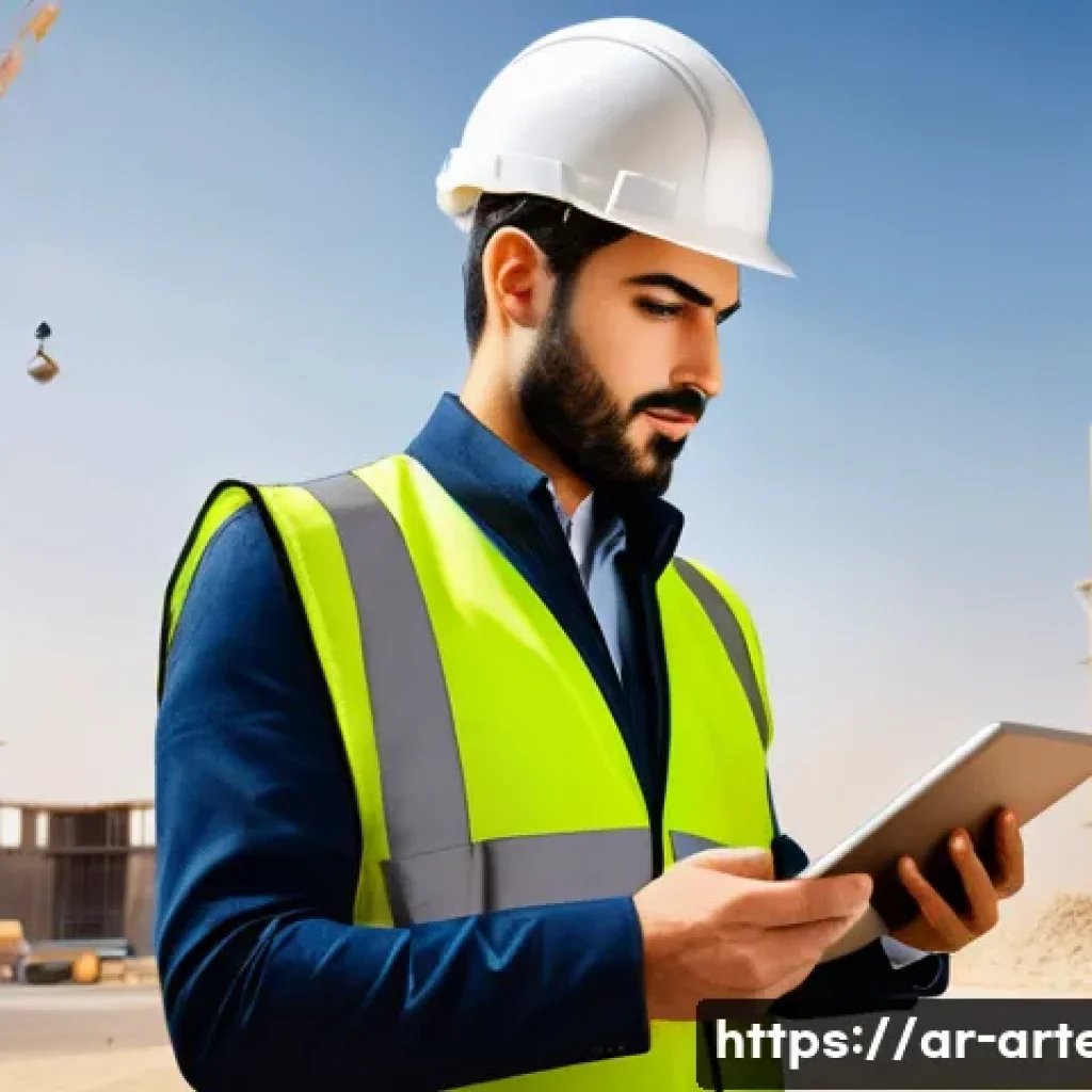 건축기술사와 시공 관리 - A modern Middle Eastern architectural site under construction, showcasing an architect wearing safet...