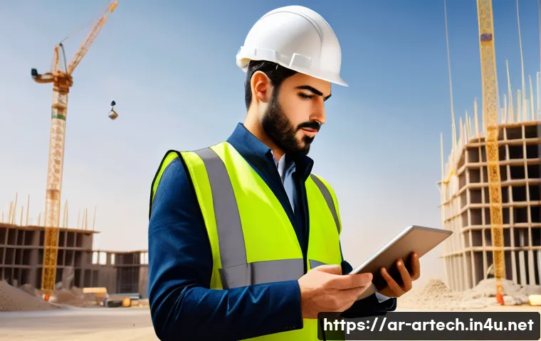 건축기술사와 시공 관리 - A modern Middle Eastern architectural site under construction, showcasing an architect wearing safet...