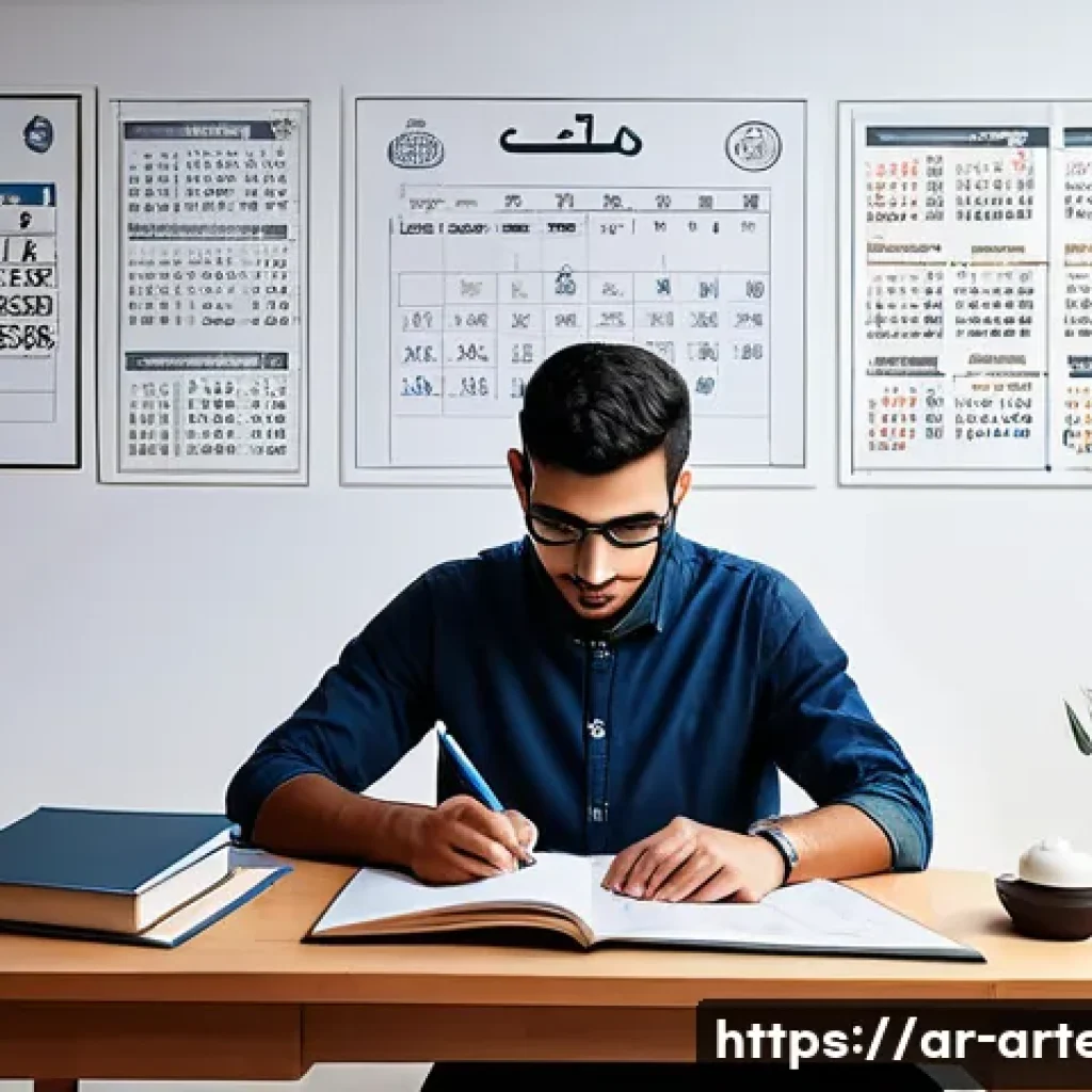 건축기술사 준비생을 위한 모의고사 - A detailed scene showing an Arab male civil engineer in his late 20s preparing for a practical exam ...