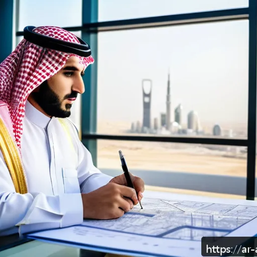 건축기술사 응시 자격 조건 - A professional Arab civil engineer in traditional Saudi attire (thobe and ghutra) reviewing detailed...