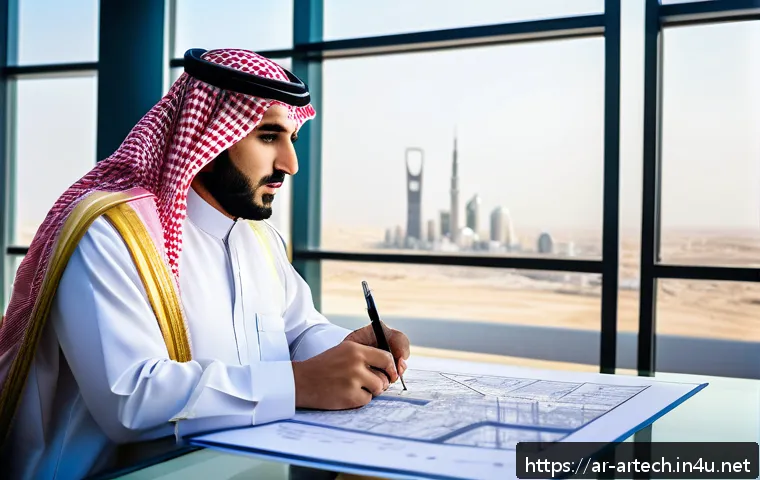 건축기술사 응시 자격 조건 - A professional Arab civil engineer in traditional Saudi attire (thobe and ghutra) reviewing detailed...