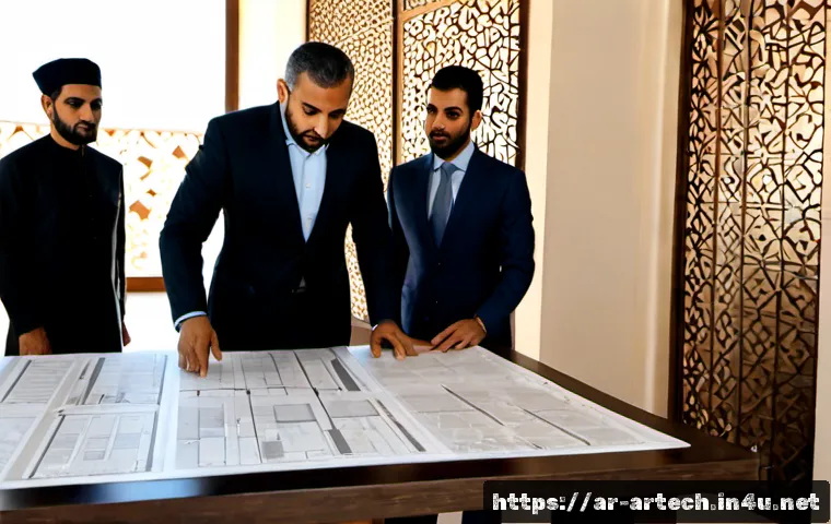 건축기술사와 프로젝트 관리 기술 - Photorealistic architectural project management meeting in a contemporary Gulf Arab design studio, a...
