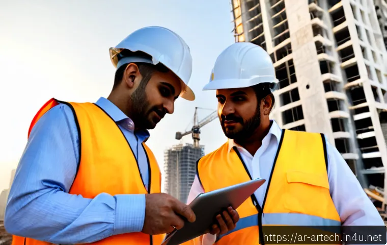 건축기술사로 해외 건설 시장 진출 - Photorealistic senior Arab structural engineer in a crisp business shirt and safety helmet reviewing...